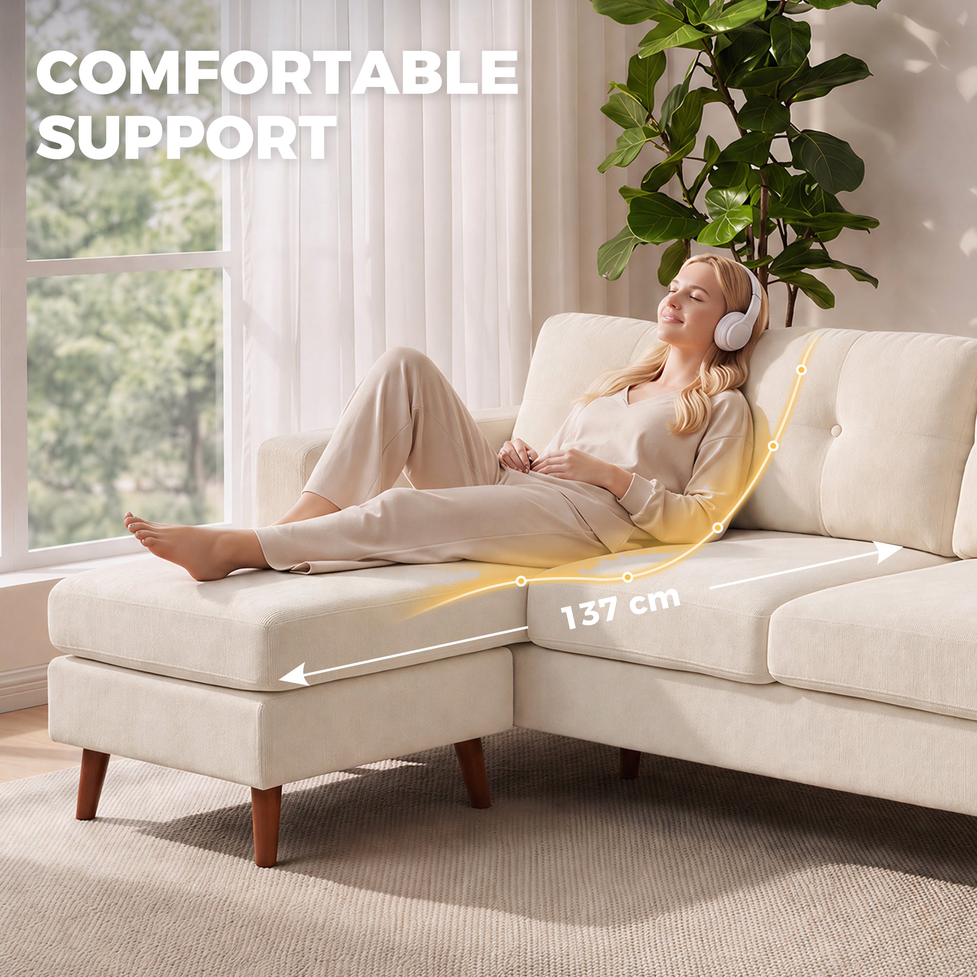 3-Seater L-Shape Corner Sofa with Reversible Chaise, Cord-Look Upholstery — Cream White (76" x 54" x 33")