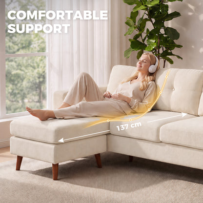 3-Seater L-Shape Corner Sofa with Reversible Chaise, Cord-Look Upholstery — Cream White (76" x 54" x 33")