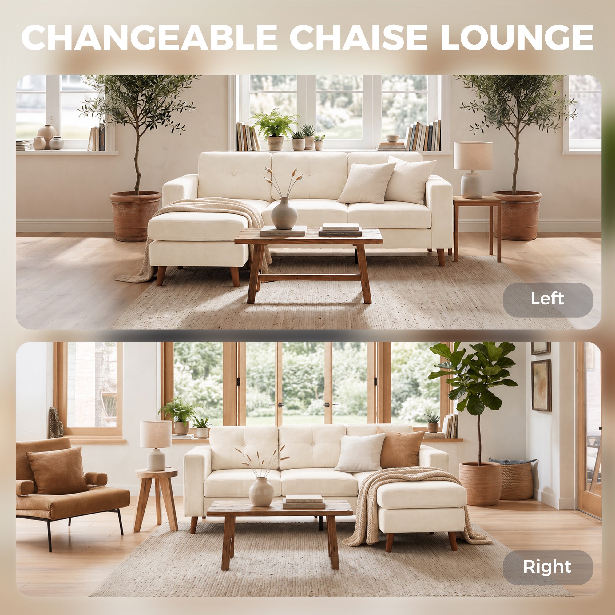 3-Seater L-Shape Corner Sofa with Reversible Chaise, Cord-Look Upholstery — Cream White (76" x 54" x 33")