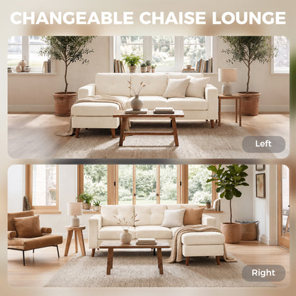 3-Seater L-Shape Corner Sofa with Reversible Chaise, Cord-Look Upholstery — Cream White (76" x 54" x 33")