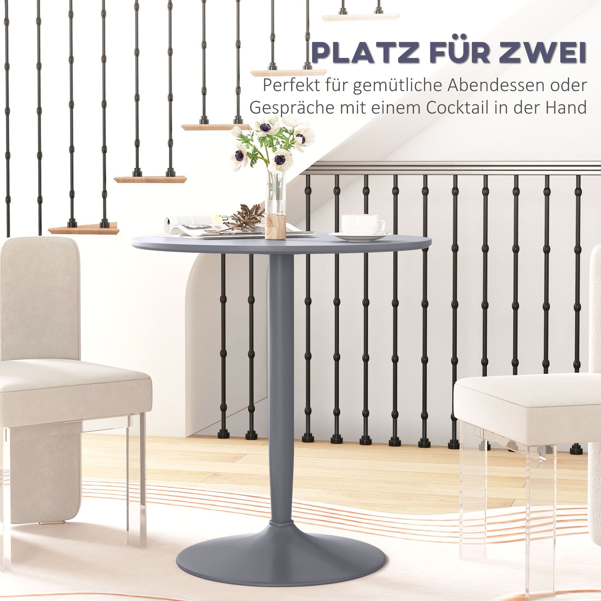 Dining Table, Round Kitchen Table, Modern Dining Table for 2 Persons, Bar Table Pedestal Table with Steel Leg, Non-Slip Footrest, Coffee Table for Living Room, Ø70 x 75 cm, Gray