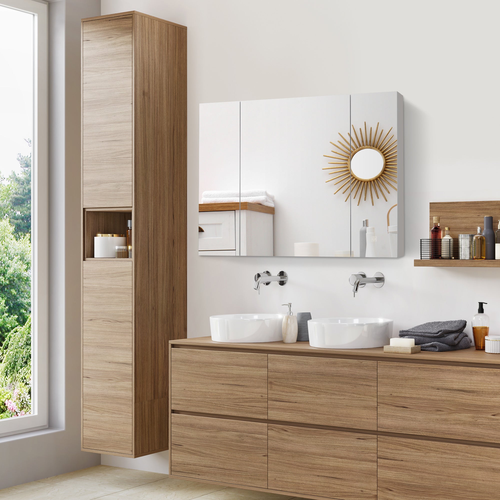 Bathroom Cabinet with Mirror and LED Lights Bathroom Cabinet with Adjustable Shelves and USB Modern Style Bathroom Furniture 90x15x75 cm White