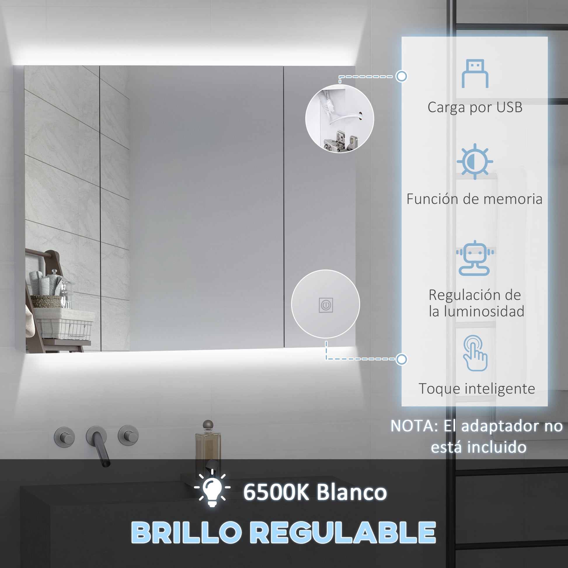 Bathroom Cabinet with Mirror and LED Lights Bathroom Cabinet with Adjustable Shelves and USB Modern Style Bathroom Furniture 90x15x75 cm White