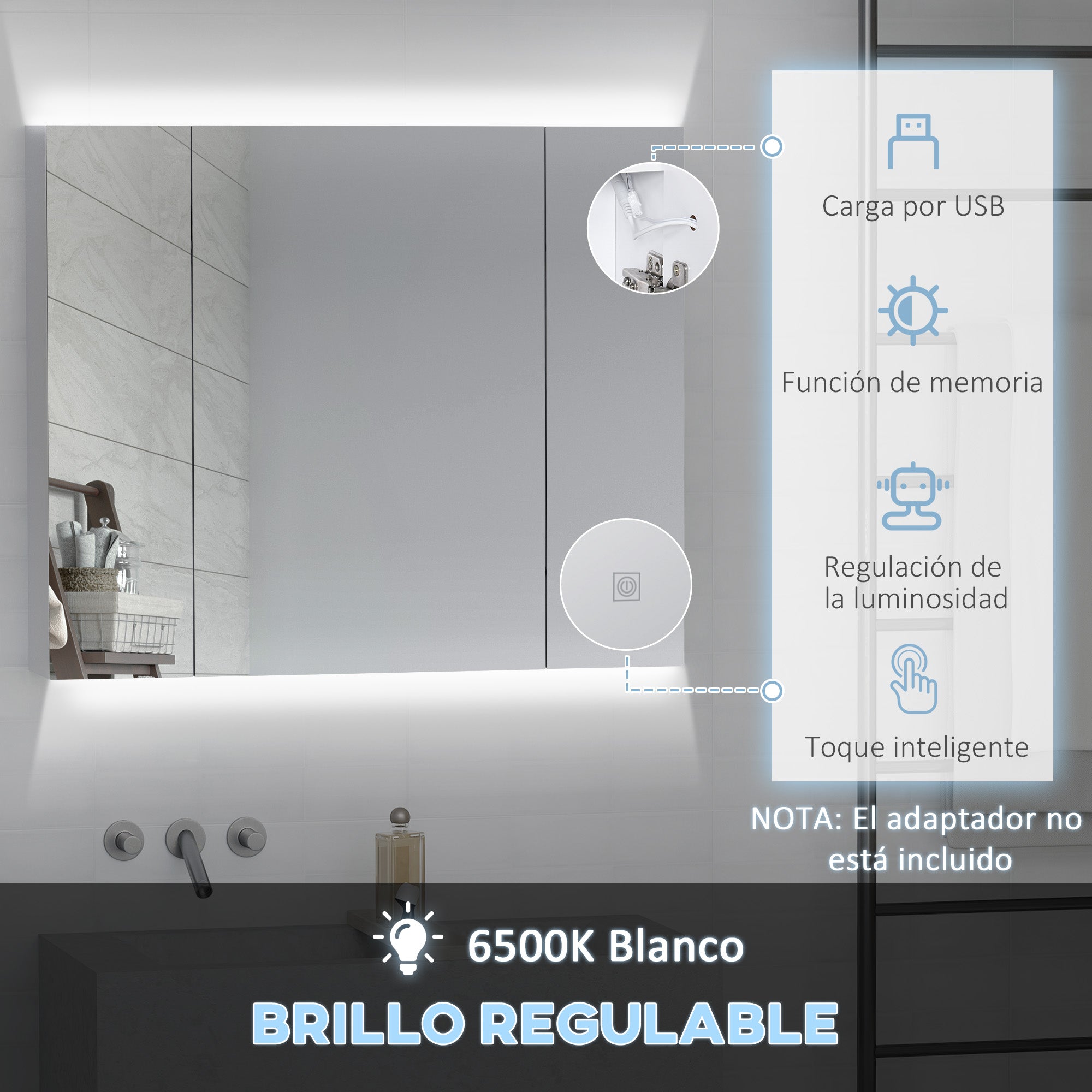 Bathroom Cabinet with Mirror and LED Lights Bathroom Cabinet with Adjustable Shelves and USB Modern Style Bathroom Furniture 90x15x75 cm White