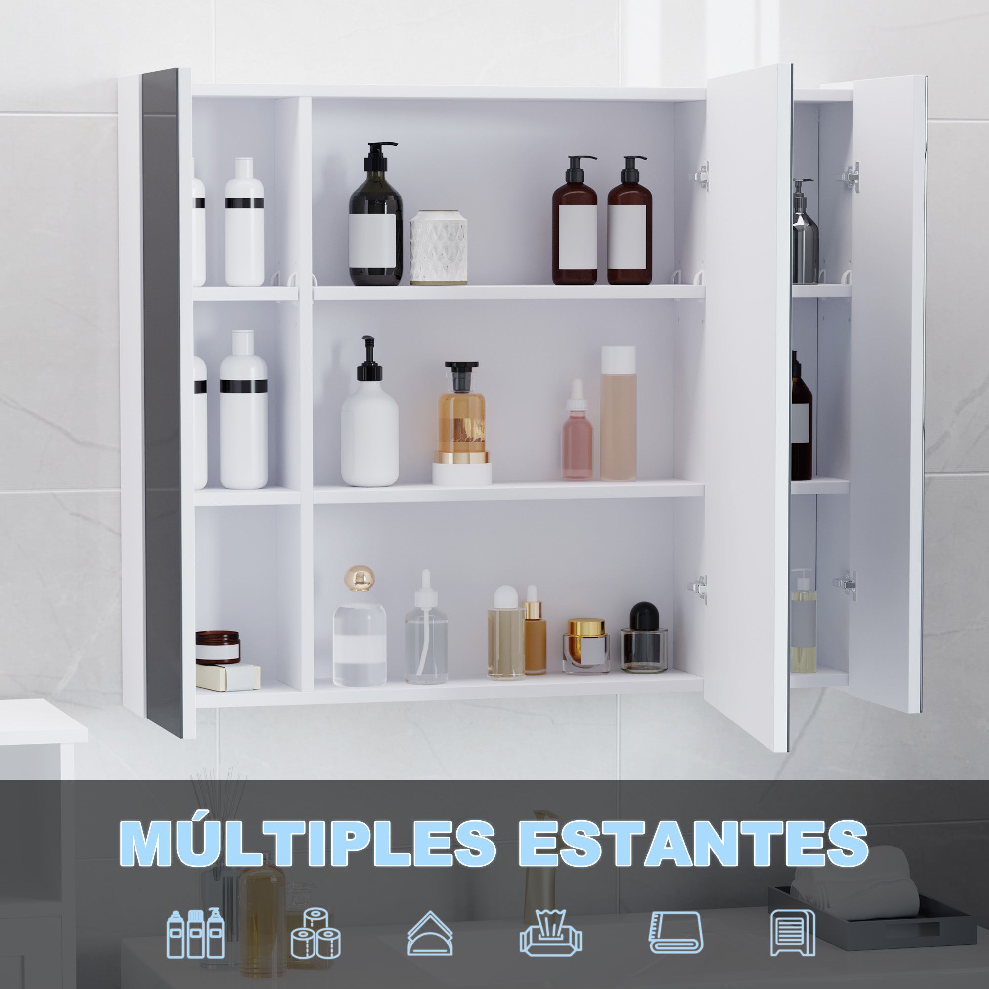 Bathroom Cabinet with Mirror and LED Lights Bathroom Cabinet with Adjustable Shelves and USB Modern Style Bathroom Furniture 90x15x75 cm White