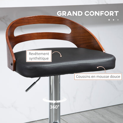 Set of 2 Contemporary Design Bar Stools Adjustable Seat Height 360° Swivel Black Synthetic Coating Perforated Wood-like Backrest