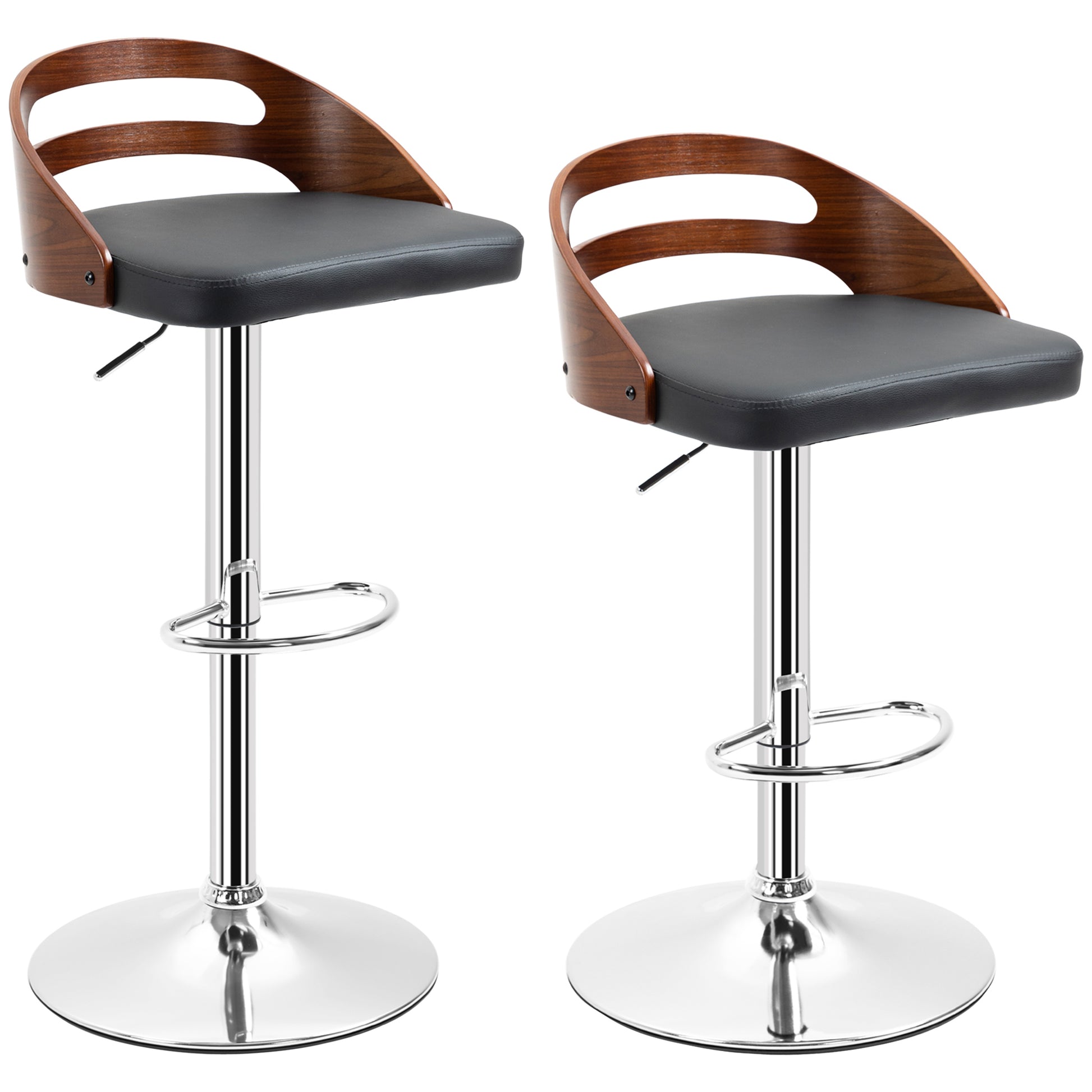 Set of 2 Contemporary Design Bar Stools Adjustable Seat Height 360° Swivel Black Synthetic Coating Perforated Wood-like Backrest