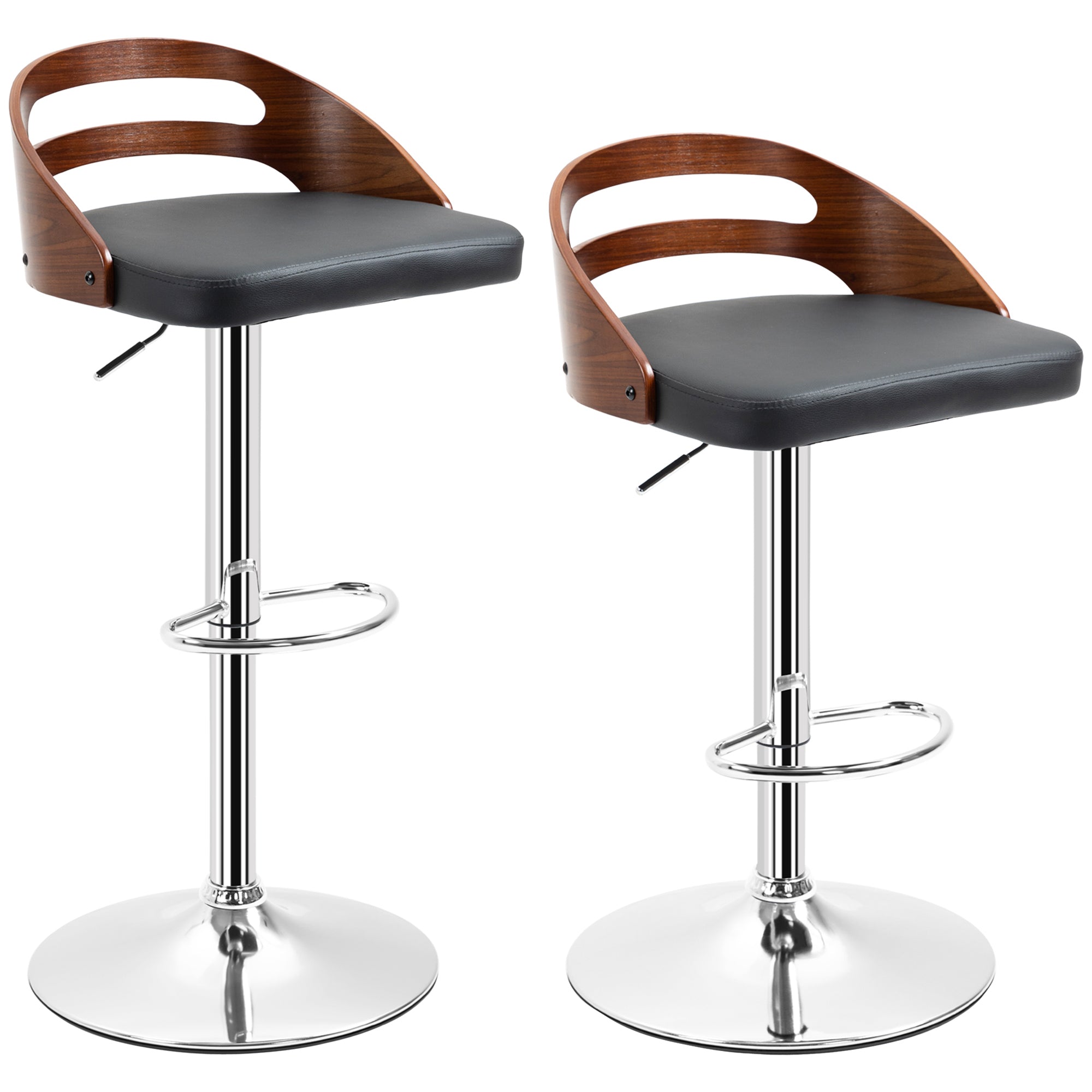 Set of 2 Contemporary Design Bar Stools Adjustable Seat Height 360° Swivel Black Synthetic Coating Perforated Wood-like Backrest