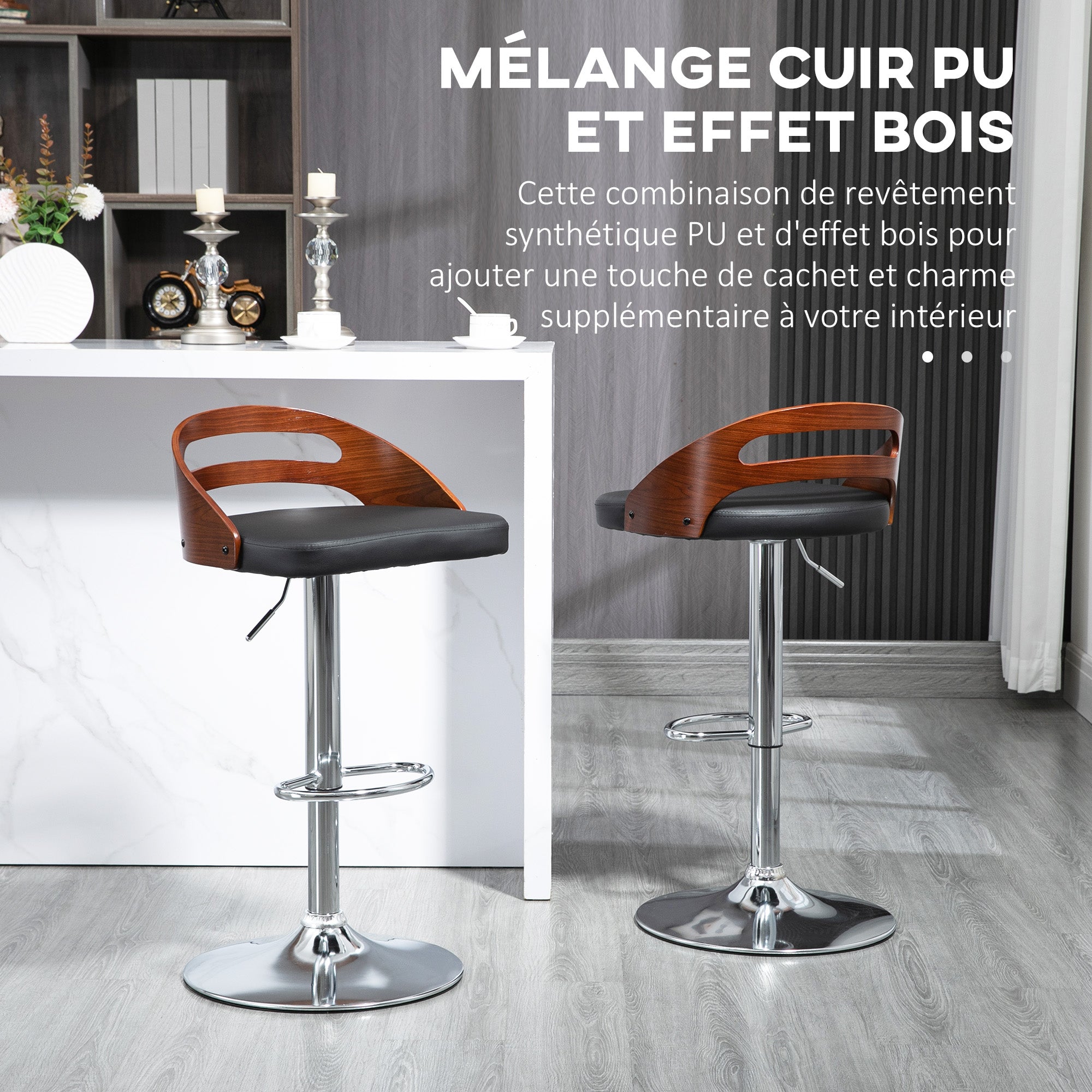 Set of 2 Contemporary Design Bar Stools Adjustable Seat Height 360° Swivel Black Synthetic Coating Perforated Wood-like Backrest