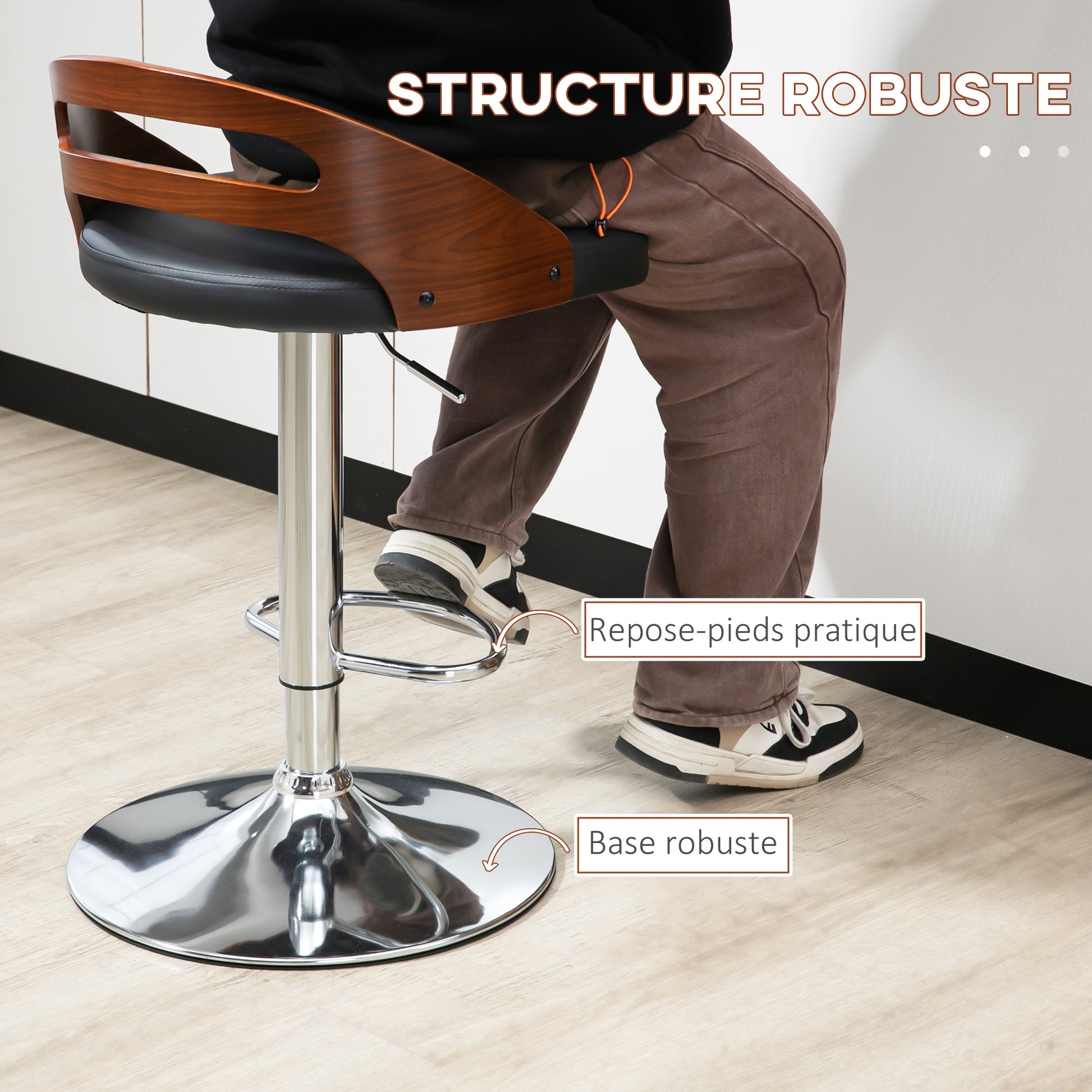 Set of 2 Contemporary Design Bar Stools Adjustable Seat Height 360° Swivel Black Synthetic Coating Perforated Wood-like Backrest