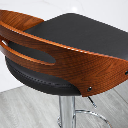 Set of 2 Contemporary Design Bar Stools Adjustable Seat Height 360° Swivel Black Synthetic Coating Perforated Wood-like Backrest