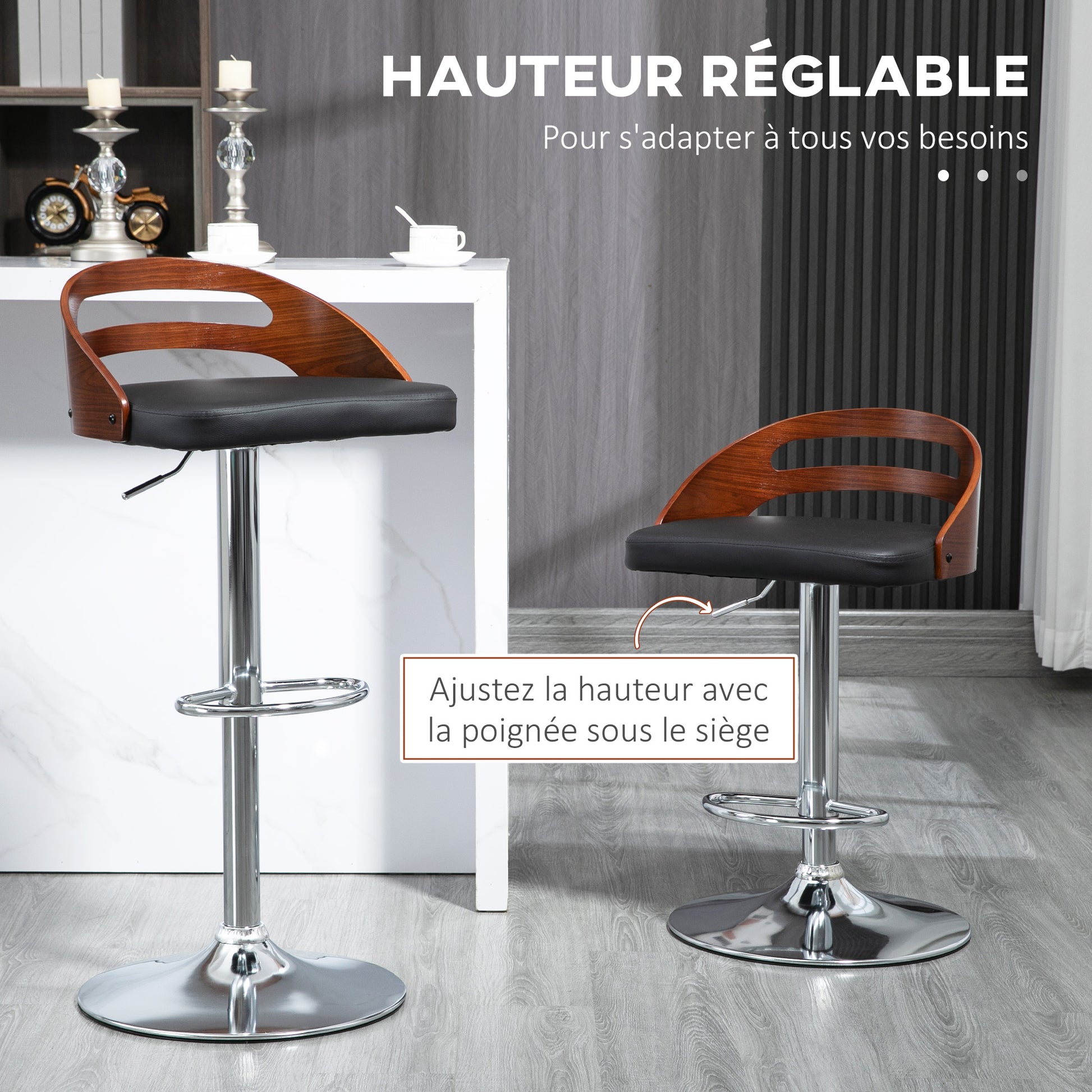 Set of 2 Contemporary Design Bar Stools Adjustable Seat Height 360° Swivel Black Synthetic Coating Perforated Wood-like Backrest