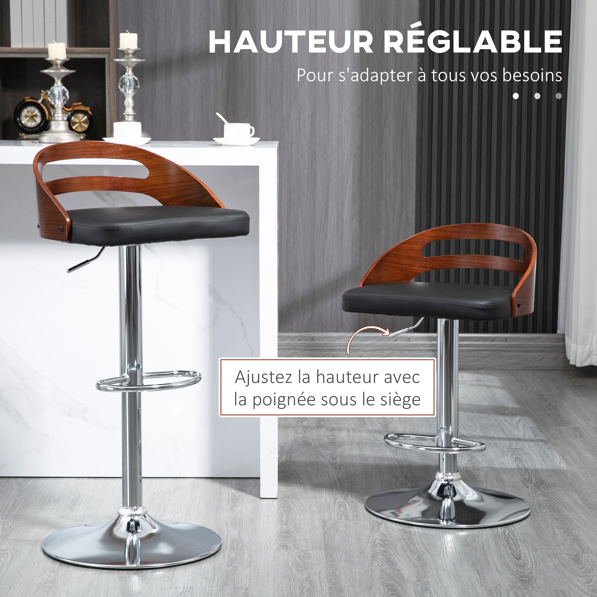 Set of 2 Contemporary Design Bar Stools Adjustable Seat Height 360° Swivel Black Synthetic Coating Perforated Wood-like Backrest