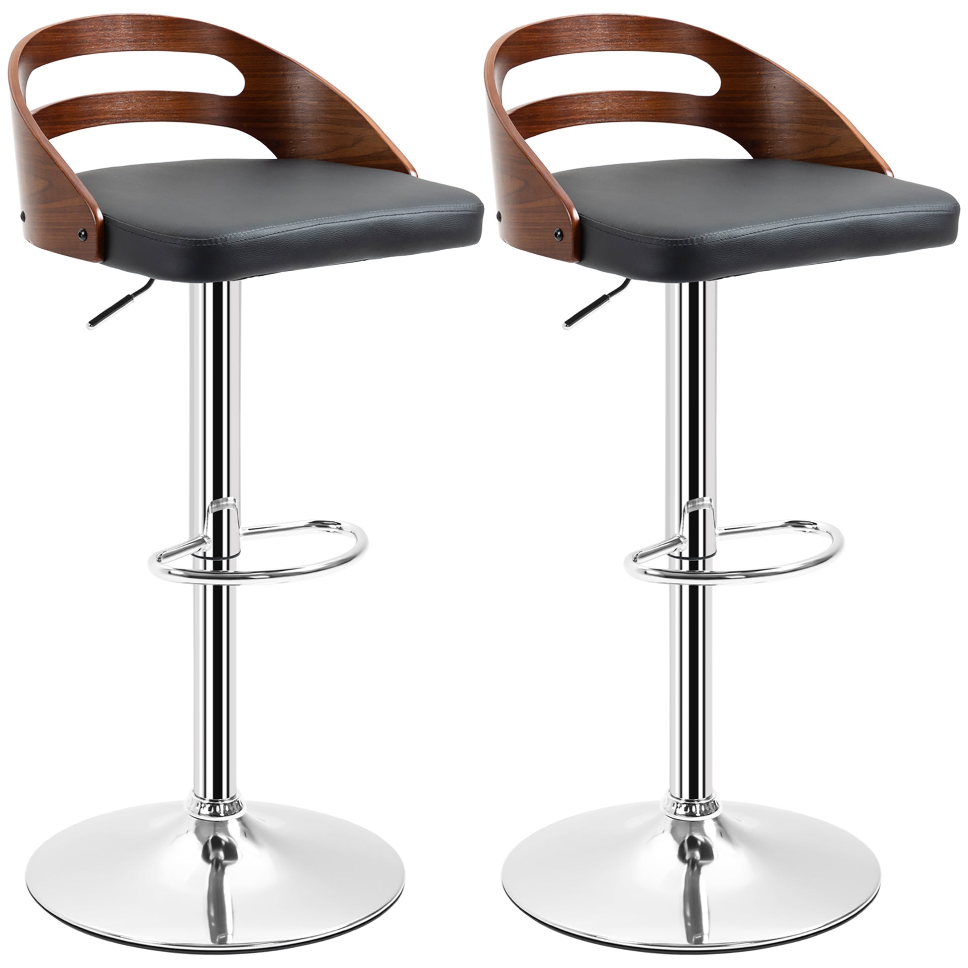 Set of 2 Contemporary Design Bar Stools Adjustable Seat Height 360° Swivel Black Synthetic Coating Perforated Wood-like Backrest