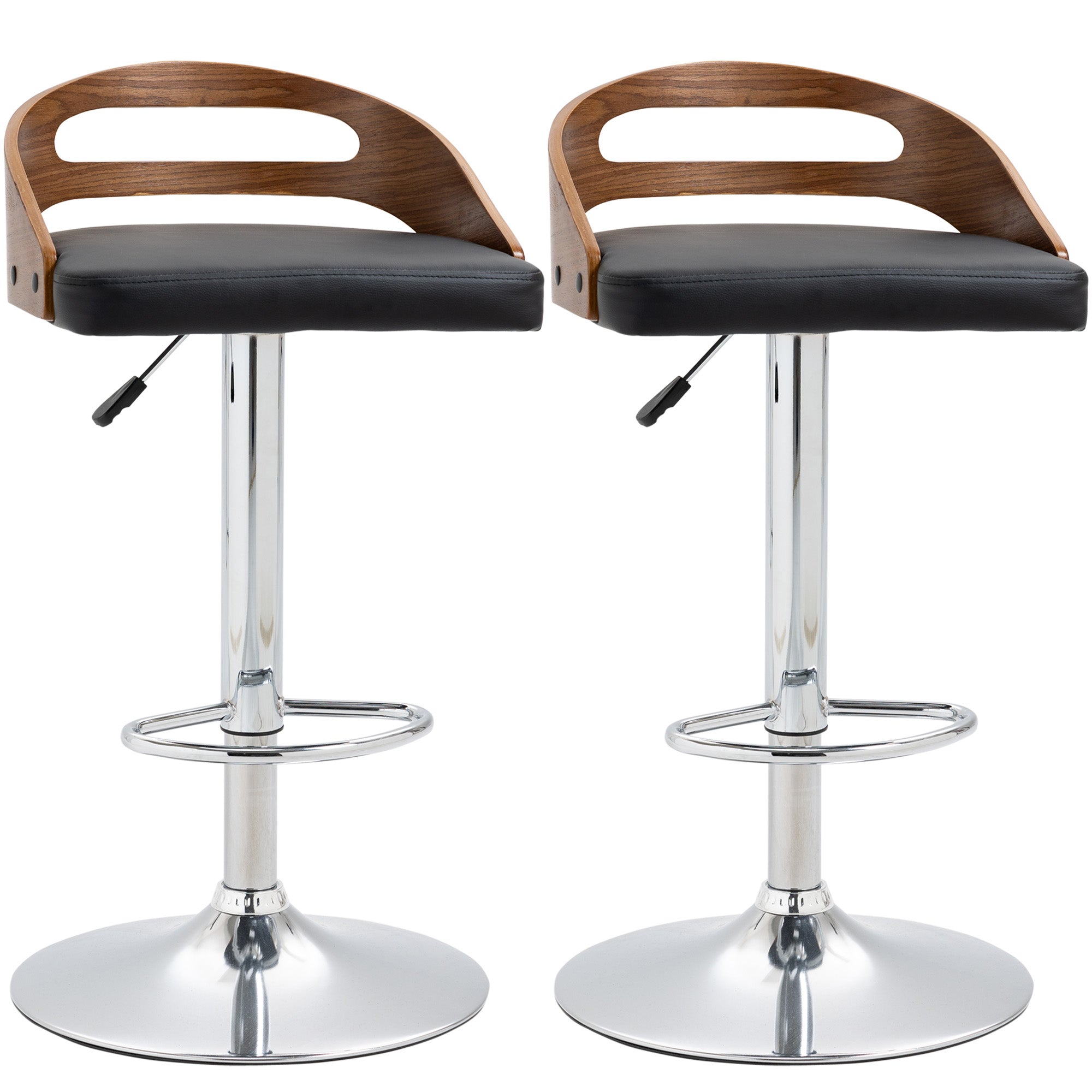 Set of 2 Contemporary Design Bar Stools Adjustable Seat Height 360° Swivel Black Synthetic Coating Perforated Wood-like Backrest