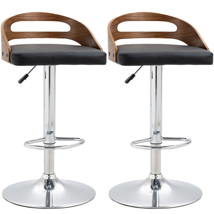 Set of 2 Contemporary Design Bar Stools Adjustable Seat Height 360° Swivel Black Synthetic Coating Perforated Wood-like Backrest