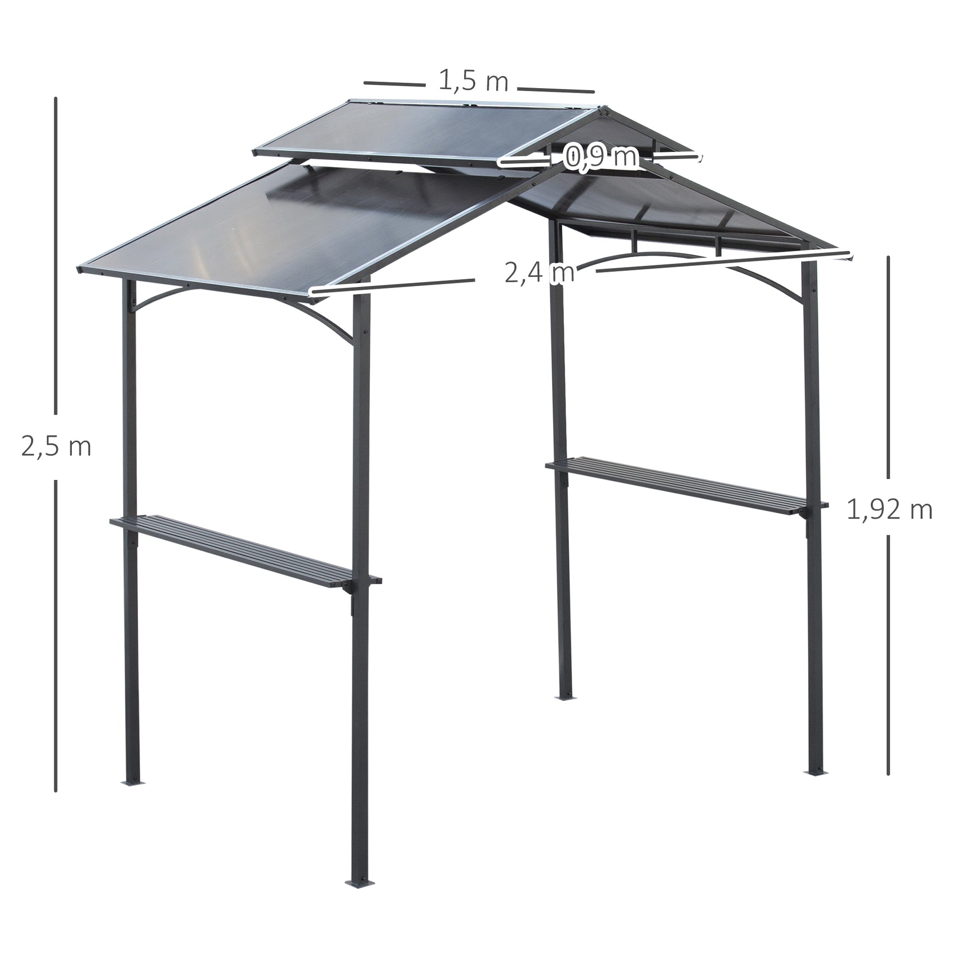Barbecue Pavilion with Flame-Retardant Roof BBQ Pavilion with 2 Shelves 2.5 x 1.5m Steel PC Black+Brown