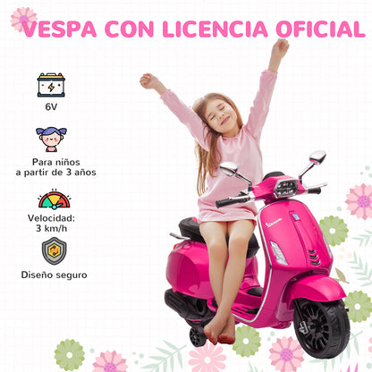 Electric Kids Motorcycle for +3 Years Old with Vespa Licensed Battery Powered Kids Motorcycle 6V with USB MP3 LED Light FM Radio Speed 3 km/h Load 35 kg Pink