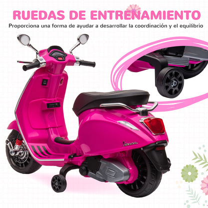 Electric Kids Motorcycle for +3 Years Old with Vespa Licensed Battery Powered Kids Motorcycle 6V with USB MP3 LED Light FM Radio Speed 3 km/h Load 35 kg Pink