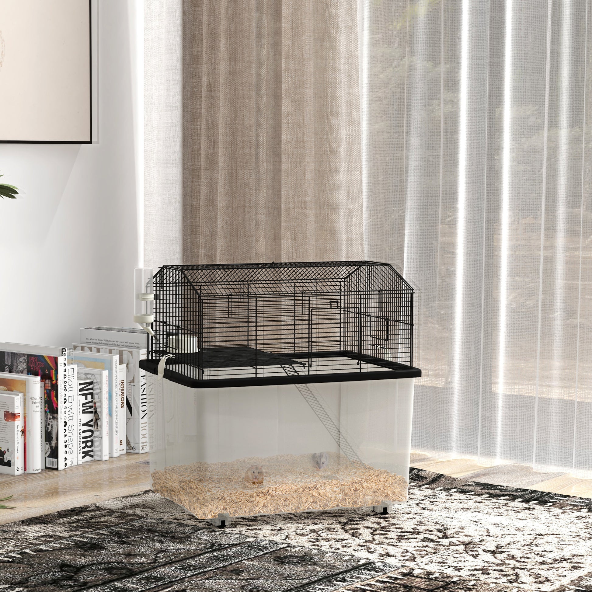 Hamster Cage Small Animal House with Deep Base Platform Bowl Drinker Ramp and Wheels 57x43x57 cm Black