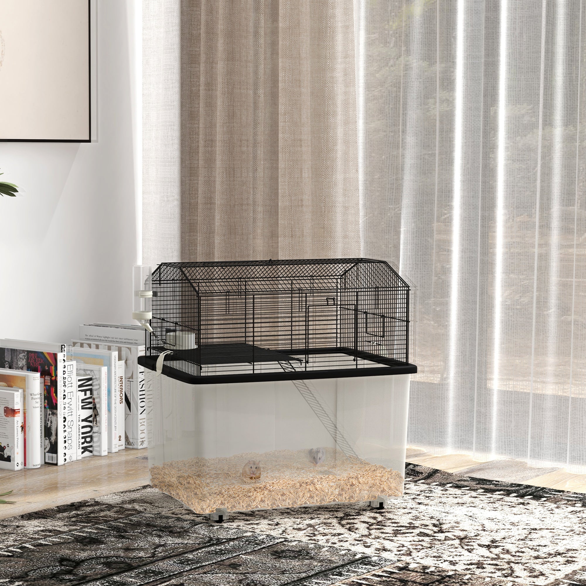 Hamster Cage Small Animal House with Deep Base Platform Bowl Drinker Ramp and Wheels 57x43x57 cm Black
