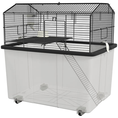 Hamster Cage Small Animal House with Deep Base Platform Bowl Drinker Ramp and Wheels 57x43x57 cm Black