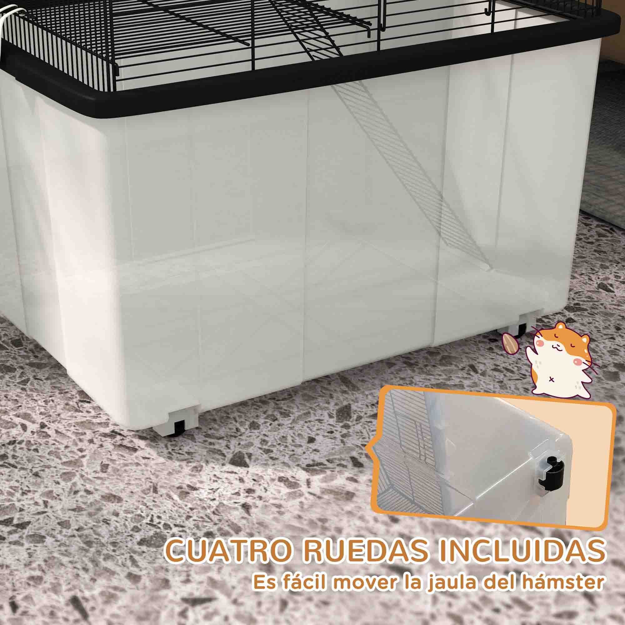 Hamster Cage Small Animal House with Deep Base Platform Bowl Drinker Ramp and Wheels 57x43x57 cm Black