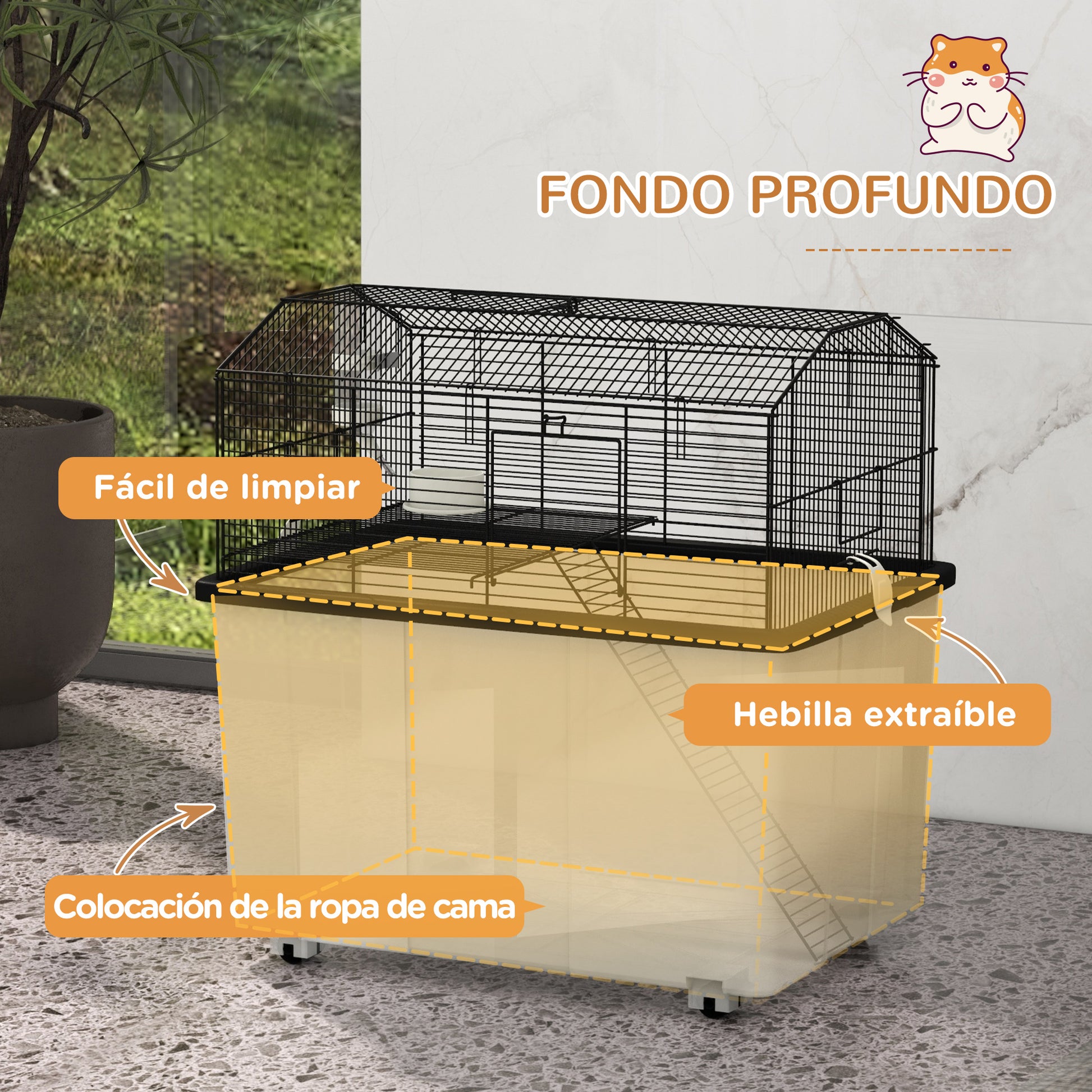 Hamster Cage Small Animal House with Deep Base Platform Bowl Drinker Ramp and Wheels 57x43x57 cm Black