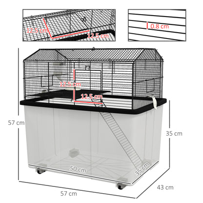 Hamster Cage Small Animal House with Deep Base Platform Bowl Drinker Ramp and Wheels 57x43x57 cm Black