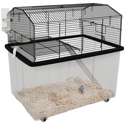 Hamster Cage Small Animal House with Deep Base Platform Bowl Drinker Ramp and Wheels 57x43x57 cm Black