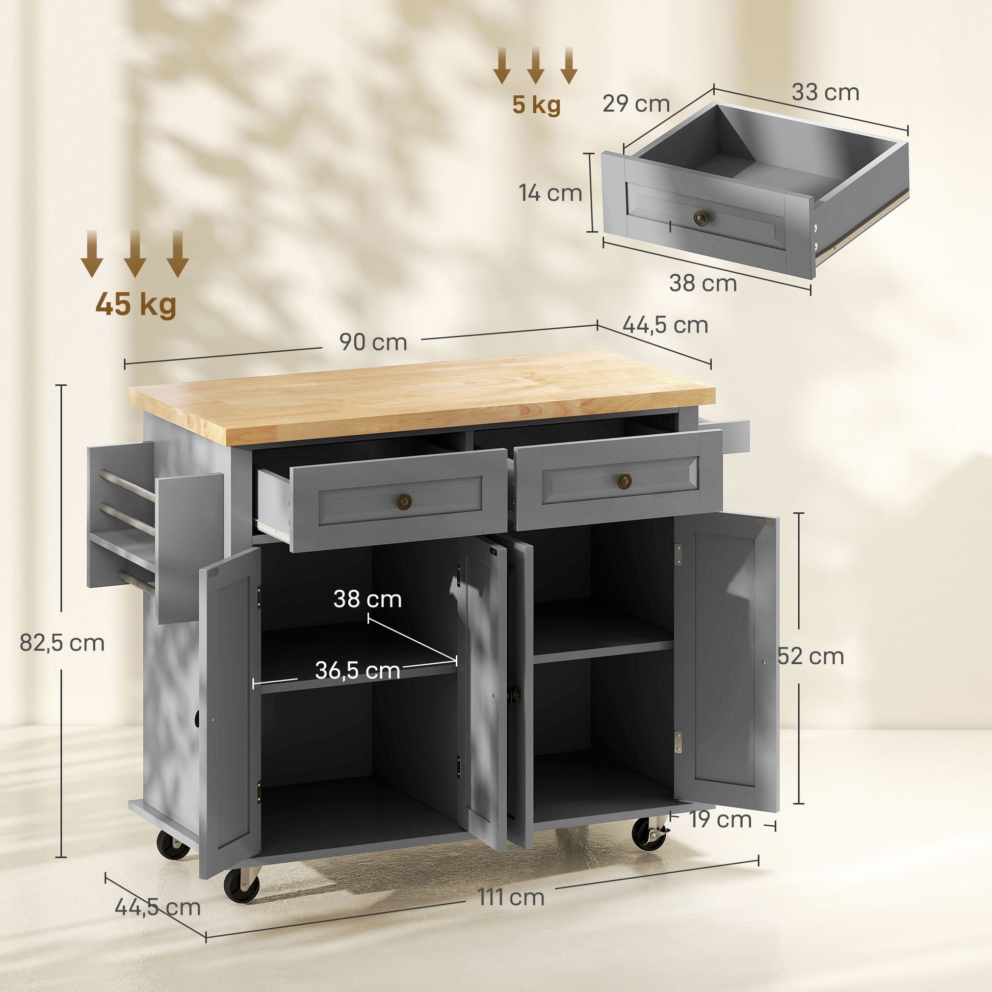 Kitchen Island with Wheels Kitchen Cart with 2 Drawers 4 Doors Spice Rack Wooden Countertop Adjustable Shelf and Side Bar for Dining 111x44.5x82.5 cm Gray