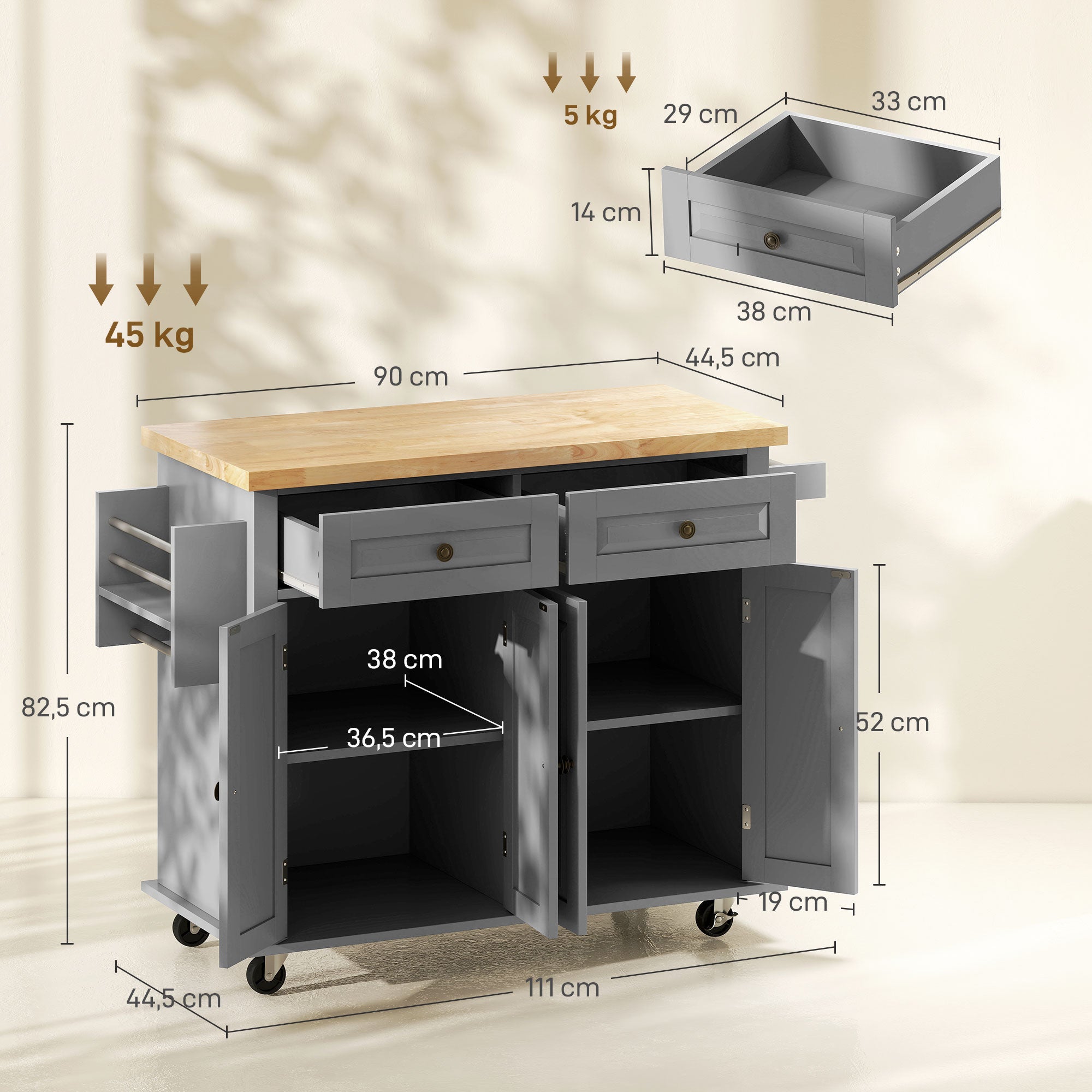 Kitchen Island with Wheels Kitchen Cart with 2 Drawers 4 Doors Spice Rack Wooden Countertop Adjustable Shelf and Side Bar for Dining 111x44.5x82.5 cm Gray
