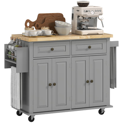 Kitchen Island with Wheels Kitchen Cart with 2 Drawers 4 Doors Spice Rack Wooden Countertop Adjustable Shelf and Side Bar for Dining 111x44.5x82.5 cm Gray