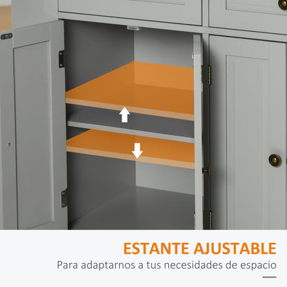 Kitchen Island with Wheels Kitchen Cart with 2 Drawers 4 Doors Spice Rack Wooden Countertop Adjustable Shelf and Side Bar for Dining 111x44.5x82.5 cm Gray