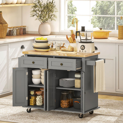 Kitchen Island with Wheels Kitchen Cart with 2 Drawers 4 Doors Spice Rack Wooden Countertop Adjustable Shelf and Side Bar for Dining 111x44.5x82.5 cm Gray