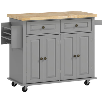 Kitchen Island with Wheels Kitchen Cart with 2 Drawers 4 Doors Spice Rack Wooden Countertop Adjustable Shelf and Side Bar for Dining 111x44.5x82.5 cm Gray