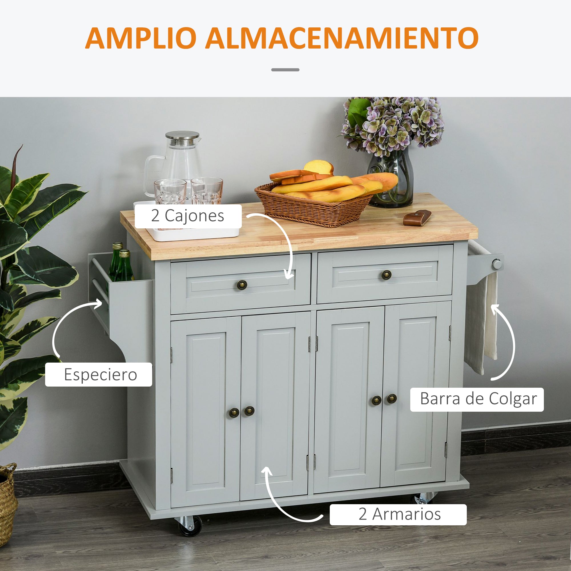 Kitchen Island with Wheels Kitchen Cart with 2 Drawers 4 Doors Spice Rack Wooden Countertop Adjustable Shelf and Side Bar for Dining 111x44.5x82.5 cm Gray