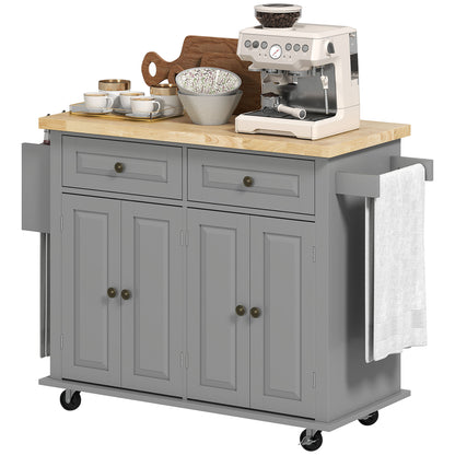 Kitchen Island with Wheels Kitchen Cart with 2 Drawers 4 Doors Spice Rack Wooden Countertop Adjustable Shelf and Side Bar for Dining 111x44.5x82.5 cm Gray