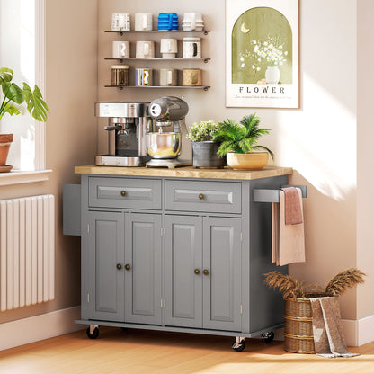 Kitchen Island with Wheels Kitchen Cart with 2 Drawers 4 Doors Spice Rack Wooden Countertop Adjustable Shelf and Side Bar for Dining 111x44.5x82.5 cm Gray