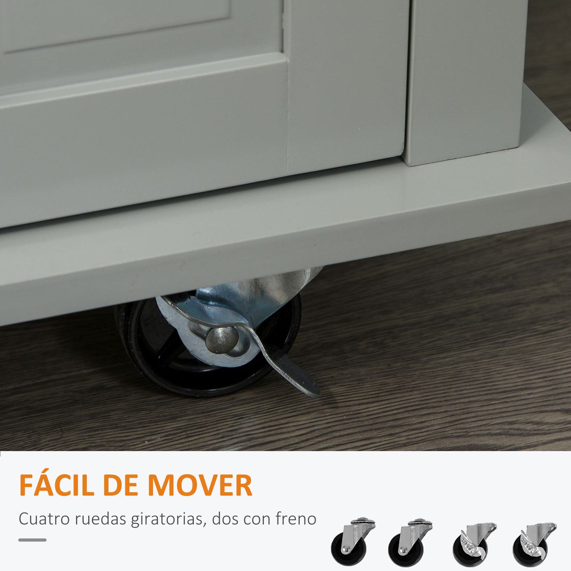 Kitchen Island with Wheels Kitchen Cart with 2 Drawers 4 Doors Spice Rack Wooden Countertop Adjustable Shelf and Side Bar for Dining 111x44.5x82.5 cm Gray