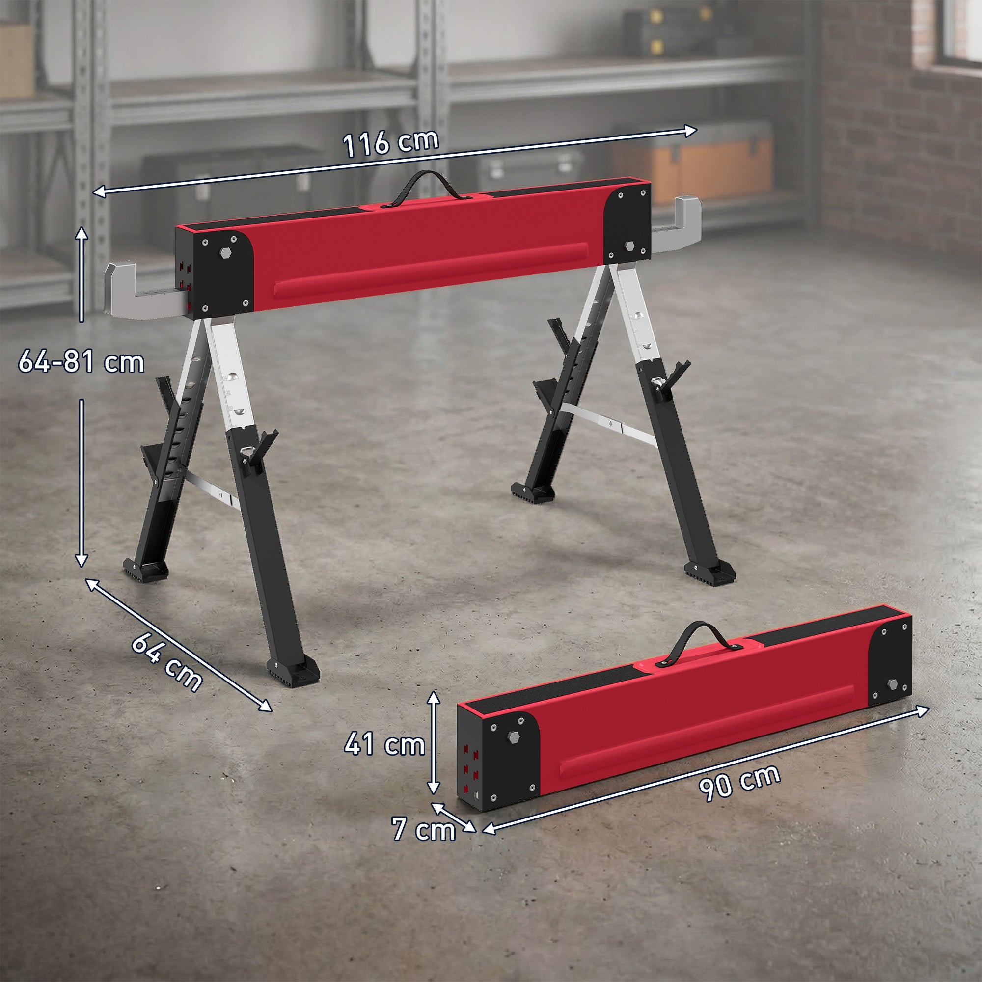 2-Pack Folding Sawhorses — Heavy-Duty Metal Work Stands, 1,160 kg Pair Capacity, 7-Position Height (64–81 cm), Red