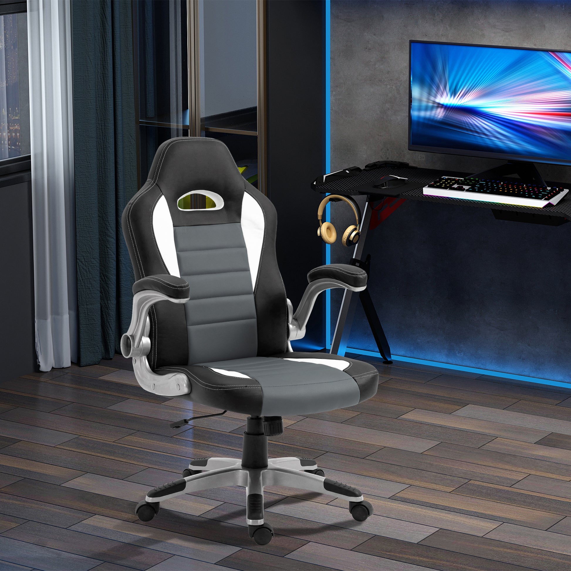 Office Chair Desk Chair Adjustable Swivel Chair with Foldable Armrests 5 Wheels and Rocking Function Load 120 kg 65x69x112-122 cm Gray