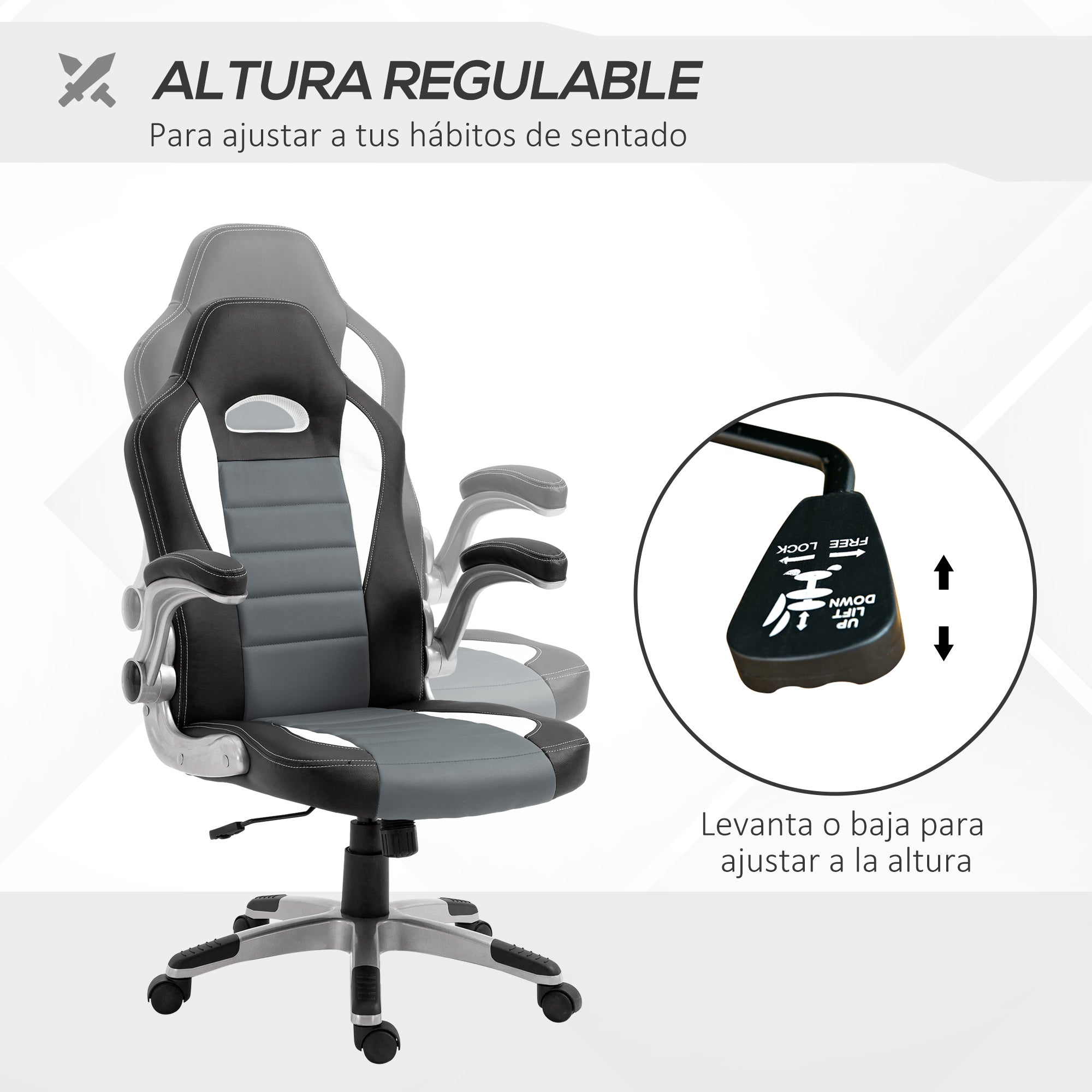 Office Chair Desk Chair Adjustable Swivel Chair with Foldable Armrests 5 Wheels and Rocking Function Load 120 kg 65x69x112-122 cm Gray