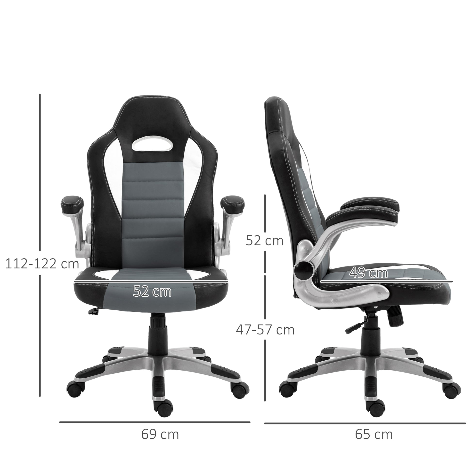 Office Chair Desk Chair Adjustable Swivel Chair with Foldable Armrests 5 Wheels and Rocking Function Load 120 kg 65x69x112-122 cm Gray