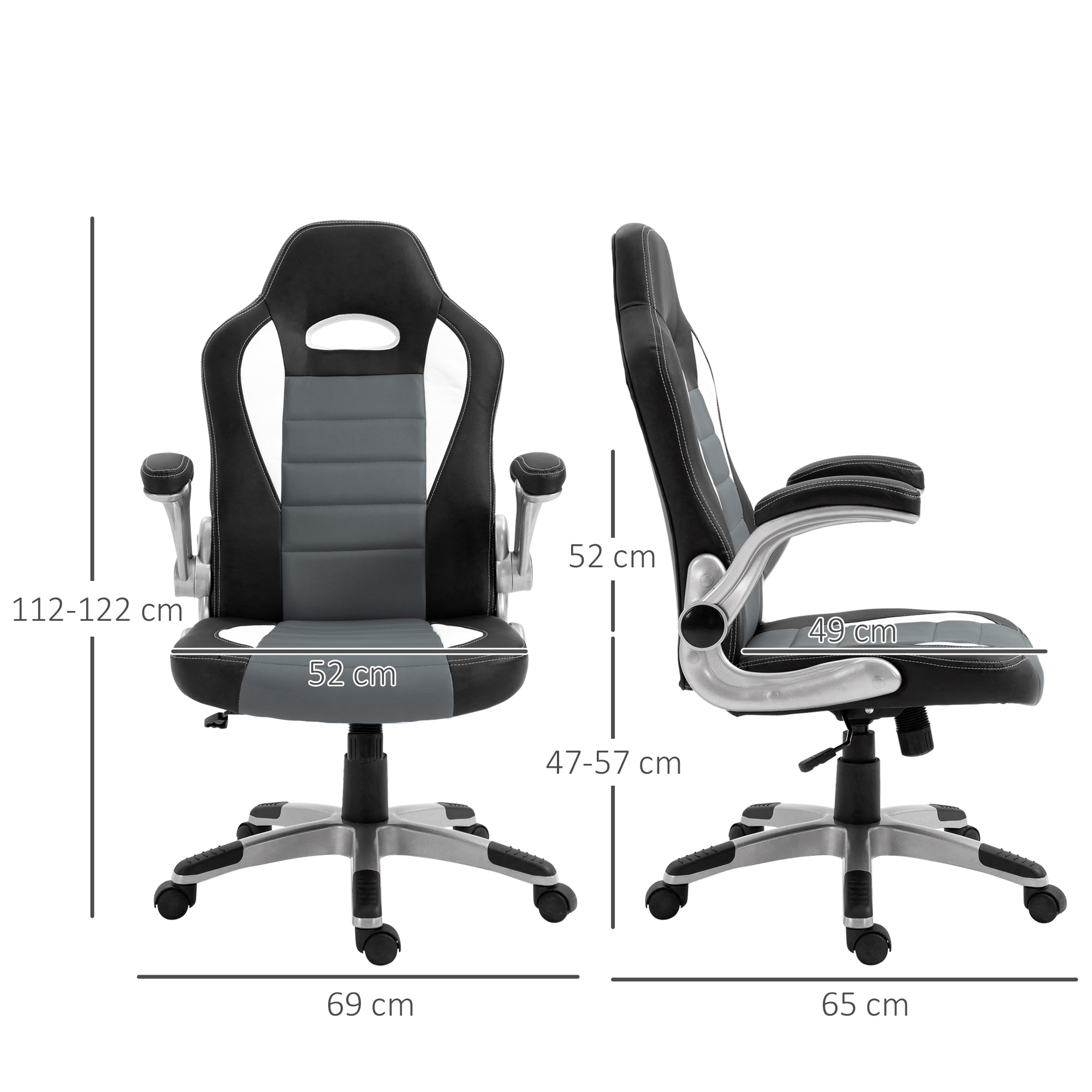 Office Chair Desk Chair Adjustable Swivel Chair with Foldable Armrests 5 Wheels and Rocking Function Load 120 kg 65x69x112-122 cm Gray