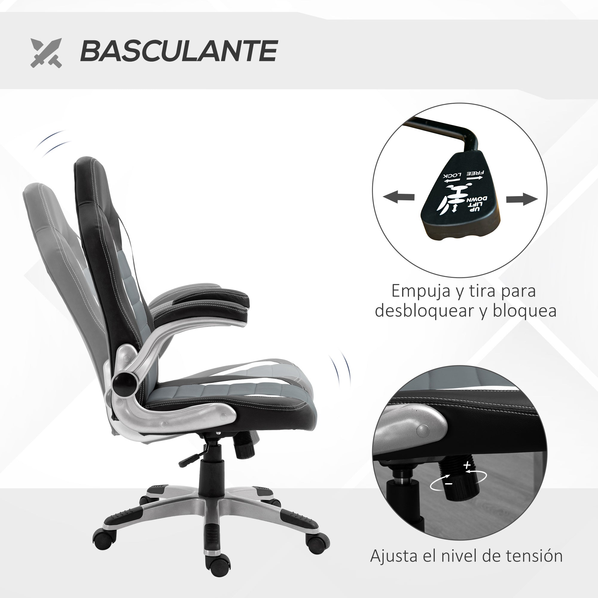 Office Chair Desk Chair Adjustable Swivel Chair with Foldable Armrests 5 Wheels and Rocking Function Load 120 kg 65x69x112-122 cm Gray