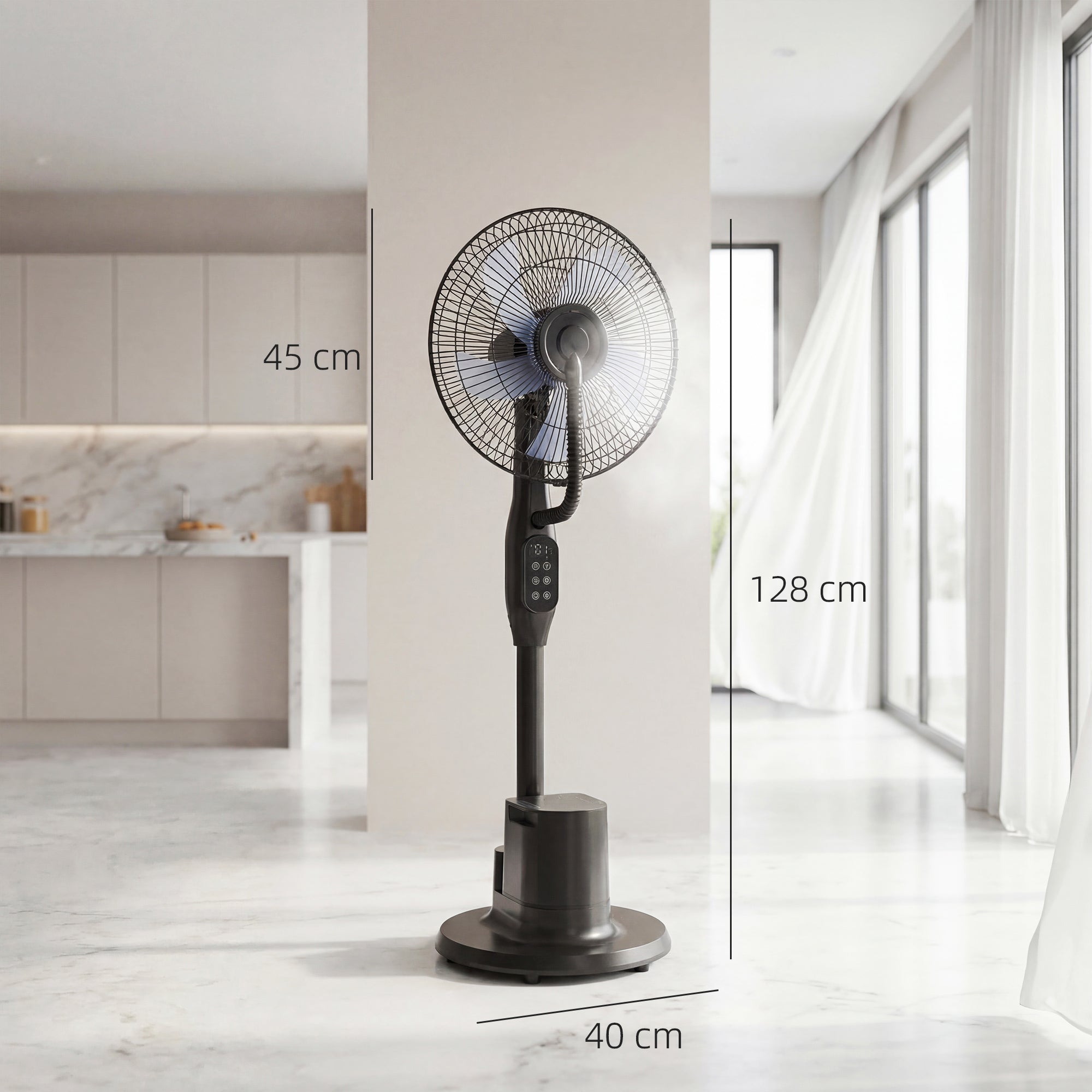 Quiet Misting Pedestal Fan — 90W, 128 cm (50.4") Height, 70° Oscillation, 3 Speeds & 3 Modes, 3.5 L Tank, Remote, 8-Hour Timer — Black
