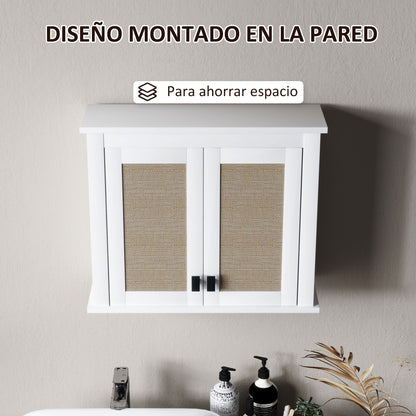 Multi-Purpose Wall-Mounted Bathroom Cabinet Hanging Storage Cabinet with 2 Rattan Doors PE Adjustable Shelf 60x19.5x49.4 cm White