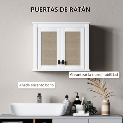 Multi-Purpose Wall-Mounted Bathroom Cabinet Hanging Storage Cabinet with 2 Rattan Doors PE Adjustable Shelf 60x19.5x49.4 cm White