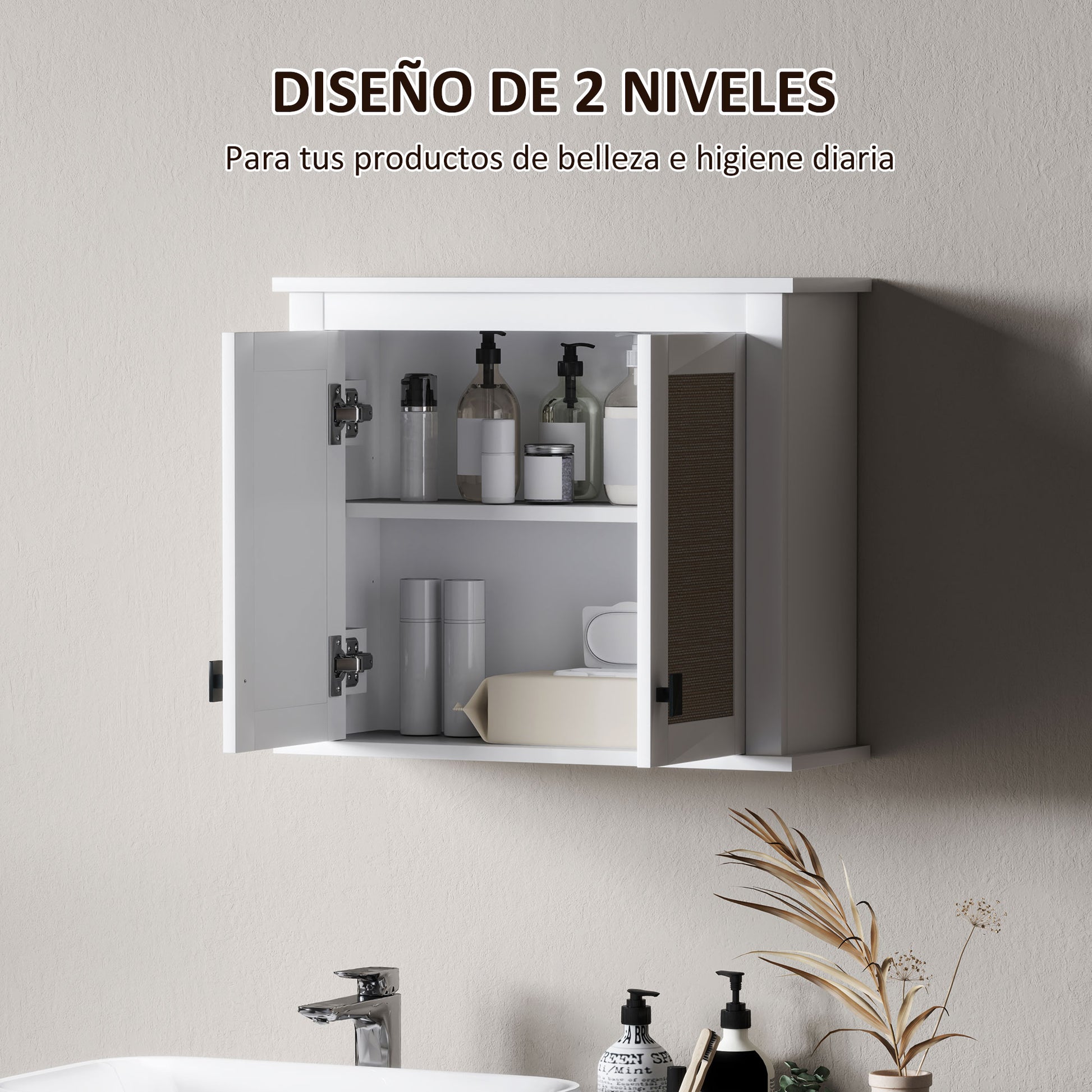 Multi-Purpose Wall-Mounted Bathroom Cabinet Hanging Storage Cabinet with 2 Rattan Doors PE Adjustable Shelf 60x19.5x49.4 cm White